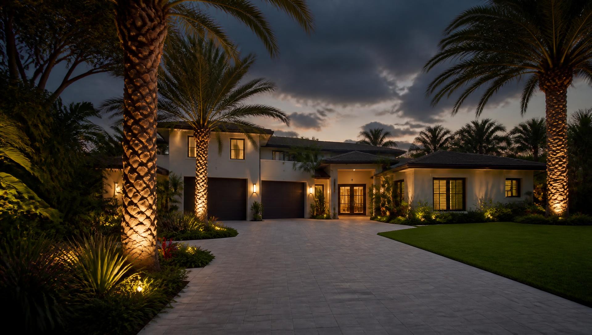 Luxury South Florida landscaping with palms and paver driveway at dusk